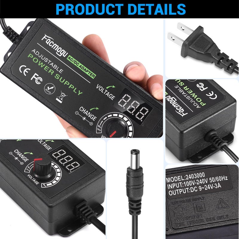 فاكموغو محول طاقة قابل للتعديل 9V-24V 3A 72W مع شاشة LED، مزود طاقة متغير عالمي متعدد الجهد 100V-240V AC إلى DC 9V 12V 15V 16V 18V 19V 20V، محول تيار متردد إلى تيار مستمر بجهد متنوع - Image 2