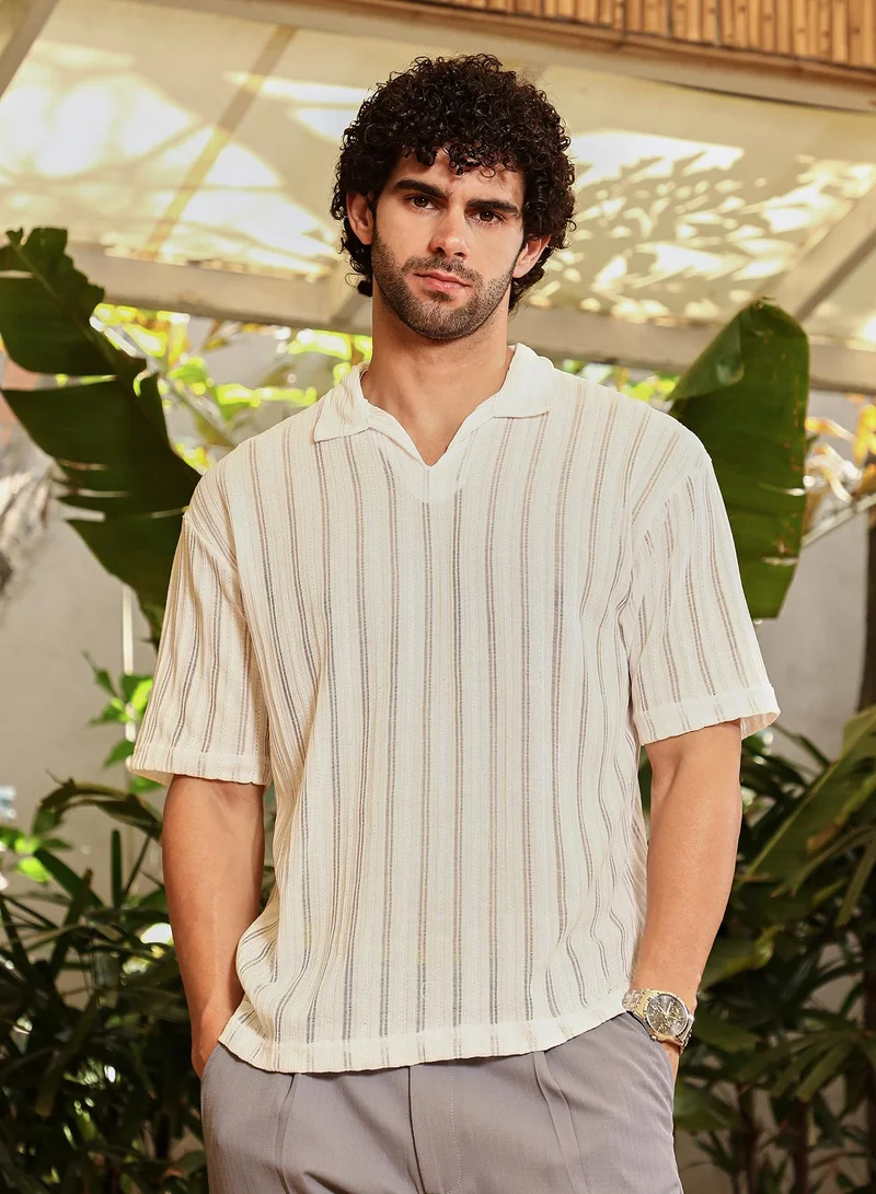 Campus Sutra Men's Off-White Duo-Striped Relaxed Polo T-Shirt
