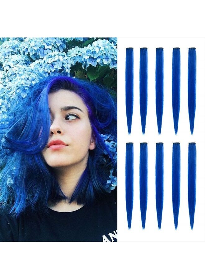 TOFAFA 22 inch Colored Hair Extensions, Multi-colors Party Highlights Clip in Synthetic Hair Extensions (10 PCS Blue) - Image 1