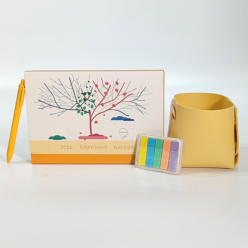 COMMA Everything Planner 2026 Gift Set | A5 Size New Year Diary, DIY Pen Stand, Pen and Sticky Notes | Budget & Mood Tracker, Birthdays, Shopping & Reading Lists and Travel Planner | Fabric Cover Material - (Yellow) - Image 1