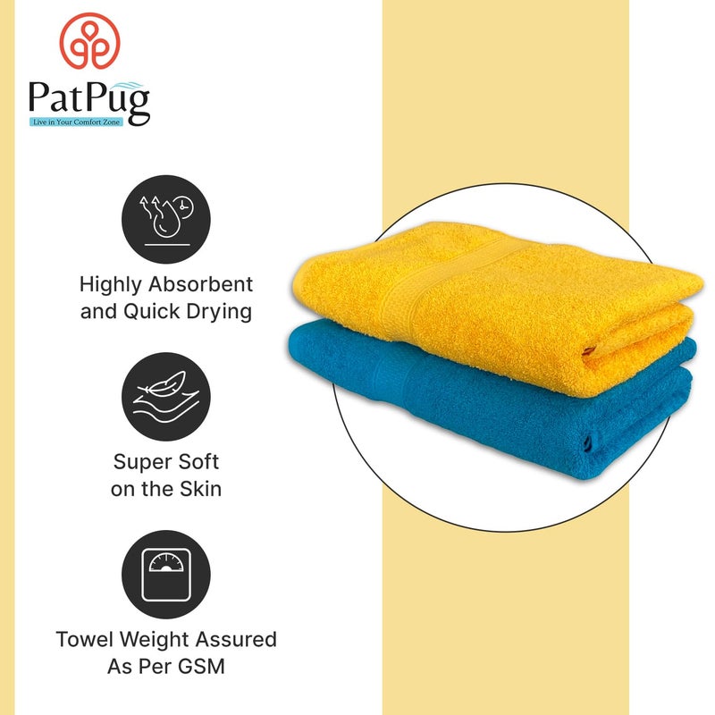 PatPug 100 Indian Ultra Soft Cotton 500 GSM Highly Absorbent Fade Resistant Quick Drying Large Bath Towel Turquoise Blue and Sunrise Yellow - Image 2