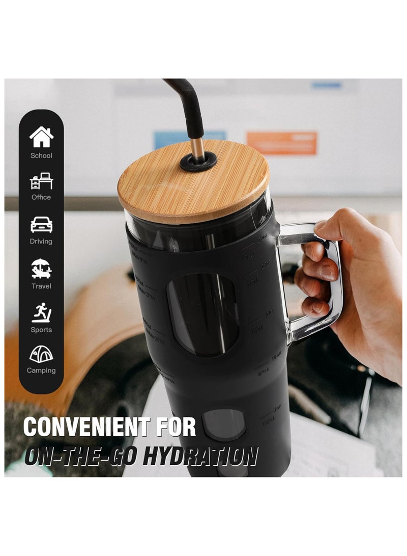 Glass Travel Mug with Bamboo Lid, 32 oz, Borosilicate Glass, Silicone Sleeve, Stainless Steel Straw, With Brush, Fits in Cup Holder BPA Free  - Image 5