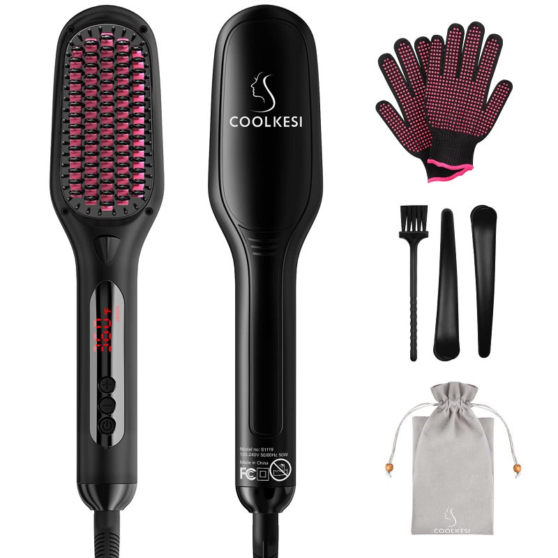 COOLKESI Ionic Hair Straightener Brush by COOLKESI, 30s Fast MCH Ceramic Heating Hair Straightening Brush with Anti Scald Feature, Auto-Off & Dual Voltage, Portable Frizz-Free Silky Electric Straightening Comb - Image 1