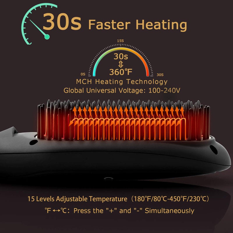 COOLKESI Ionic Hair Straightener Brush by COOLKESI, 30s Fast MCH Ceramic Heating Hair Straightening Brush with Anti Scald Feature, Auto-Off & Dual Voltage, Portable Frizz-Free Silky Electric Straightening Comb - Image 3