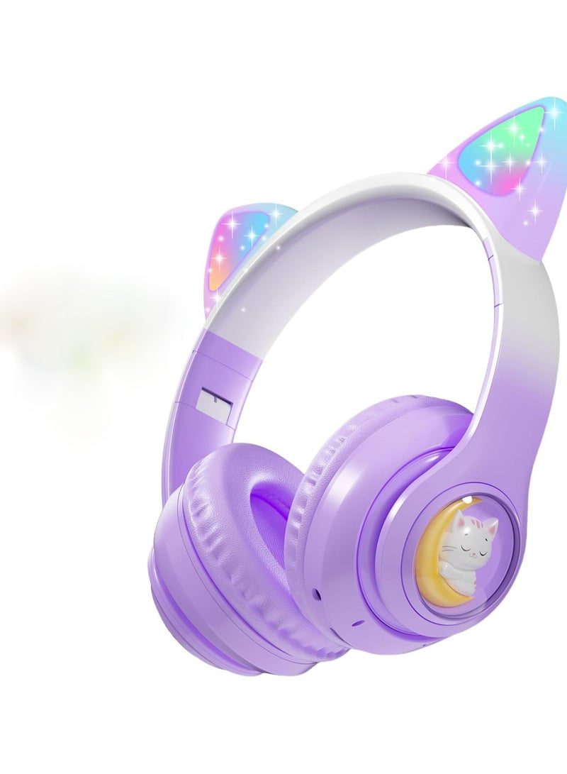 Wireless Kids Headphones with LED Light Up Cat Ears, Colour Changing Over-Ear Bluetooth Headphones with Microphone, Volume Control Foldable Bluetooth Cat Headphones for Kids/Girls/Schools - Image 1