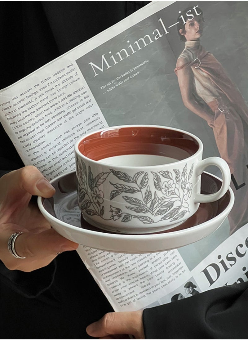 LOOPITYS 2-piece set of coffee cups, tea cups, white 250ml antique ceramic coffee cups, plates, light luxury, high aesthetic office afternoon tea cups, retro latte cups  - Image 3