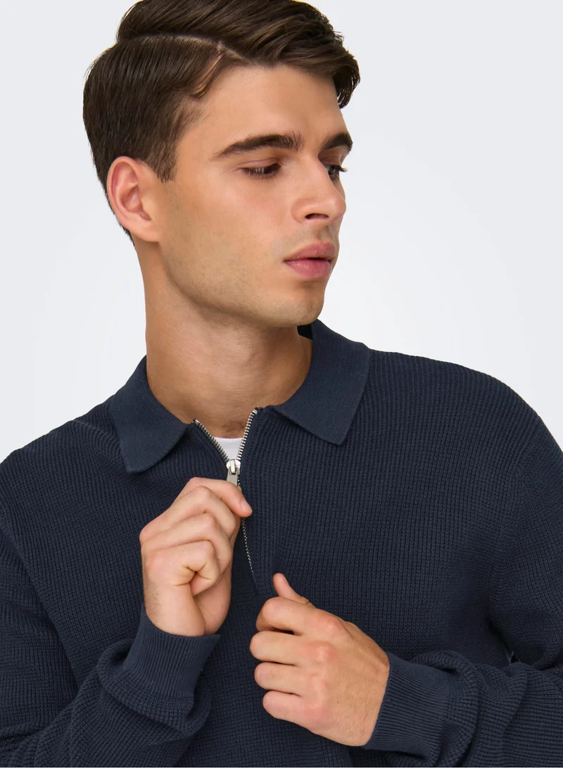 Only & Sons Onsmatteo  Zip Polo Neck Sweatshirt