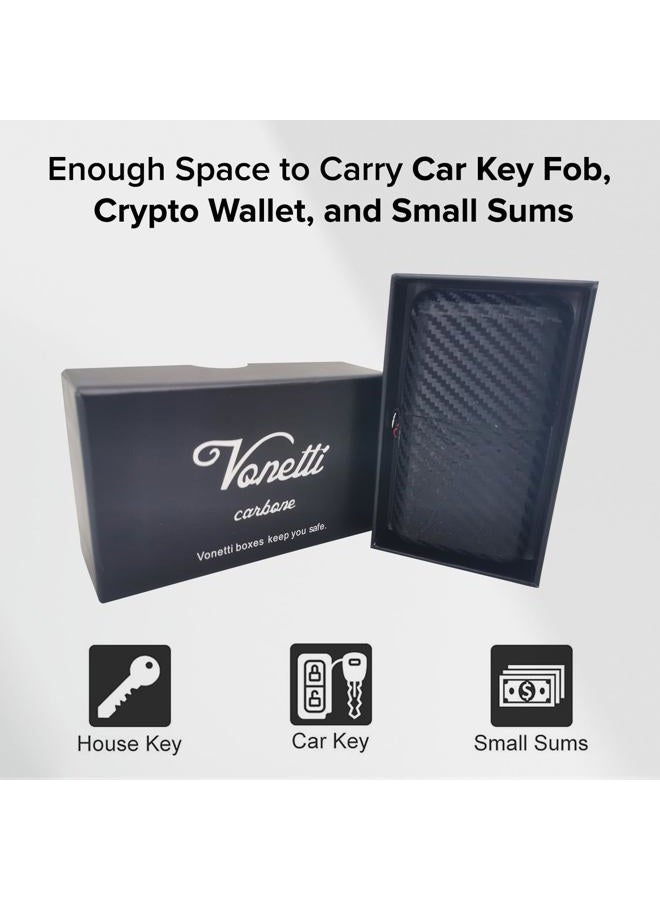 Vonetti علبة ألفا شيلد كاربوني - عازل إشارة RFID فائق الجودة - واقي إشارة مفتاح السيارة الذكي، علبة حجب RFID لمفتاح الدخول بدون مفتاح، صندوق آمن لمحفظة العملات الرقمية، عازل إشارة من القصدير (أسود) - Image 4