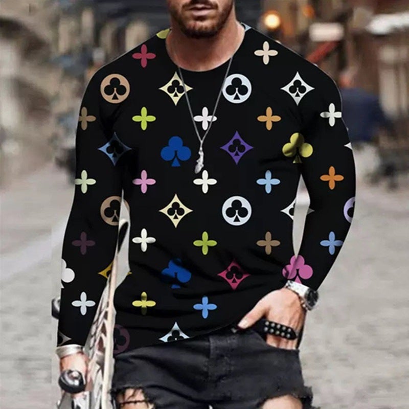 2023 Europe Spring and Autumn New Men's Large Size Long Sleeve Crewneck T-shirt 3D Digital Printing Contrast Color Fashion T - Image 1
