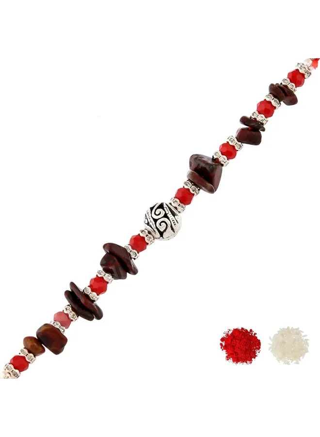 VOYLLA Red Beads Bohemian Motif Thread Rakhi