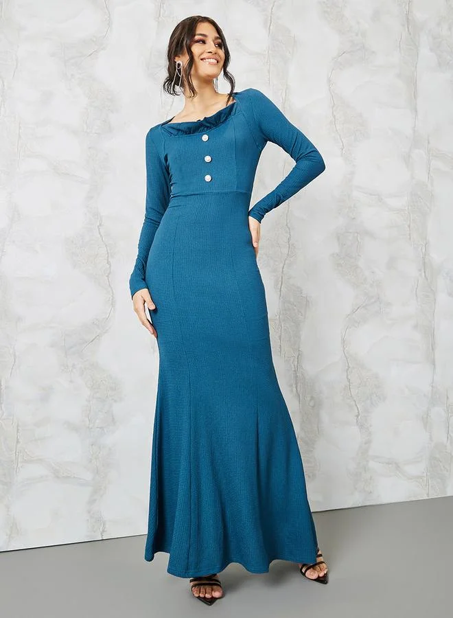 Styli Square Neck Textured Sheath Maxi Dress