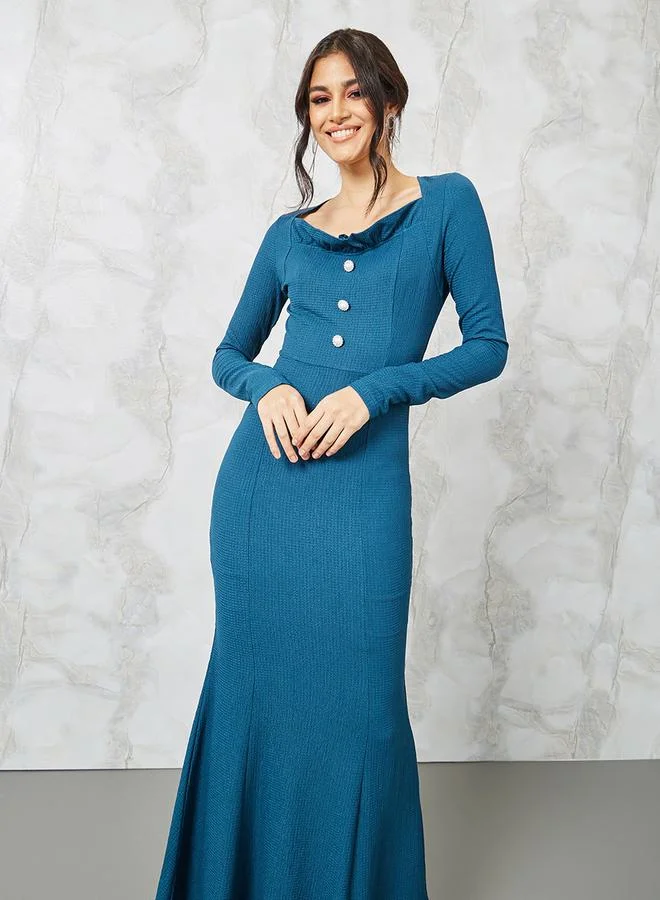 Styli Square Neck Textured Sheath Maxi Dress