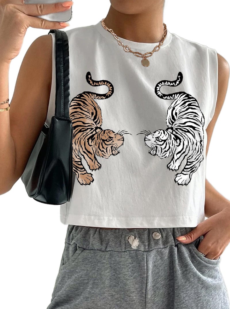 Hilinker Womens Graphic Crop Tank Tops Crew Neck Loose Shirt Casual Sleeveless Tee White Two Tiger Large - Image 1