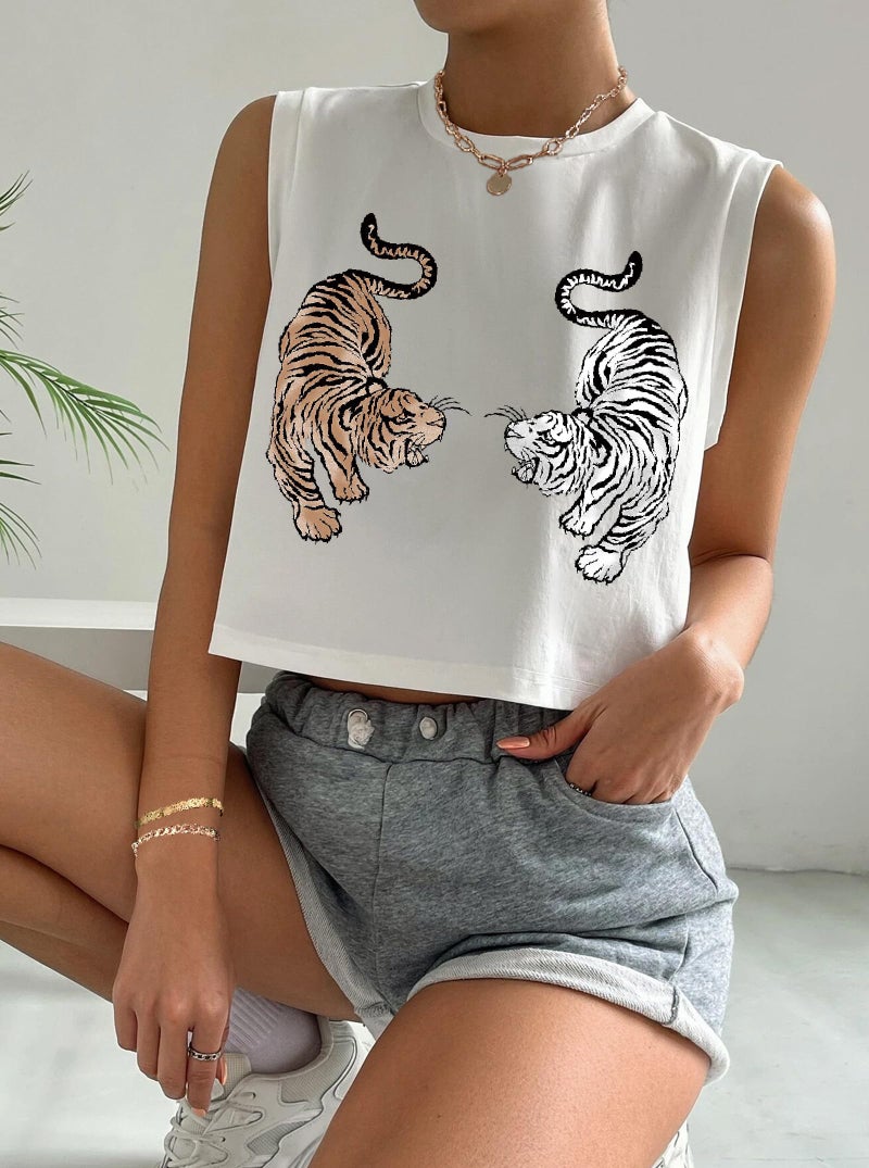 Hilinker Womens Graphic Crop Tank Tops Crew Neck Loose Shirt Casual Sleeveless Tee White Two Tiger Large - Image 4