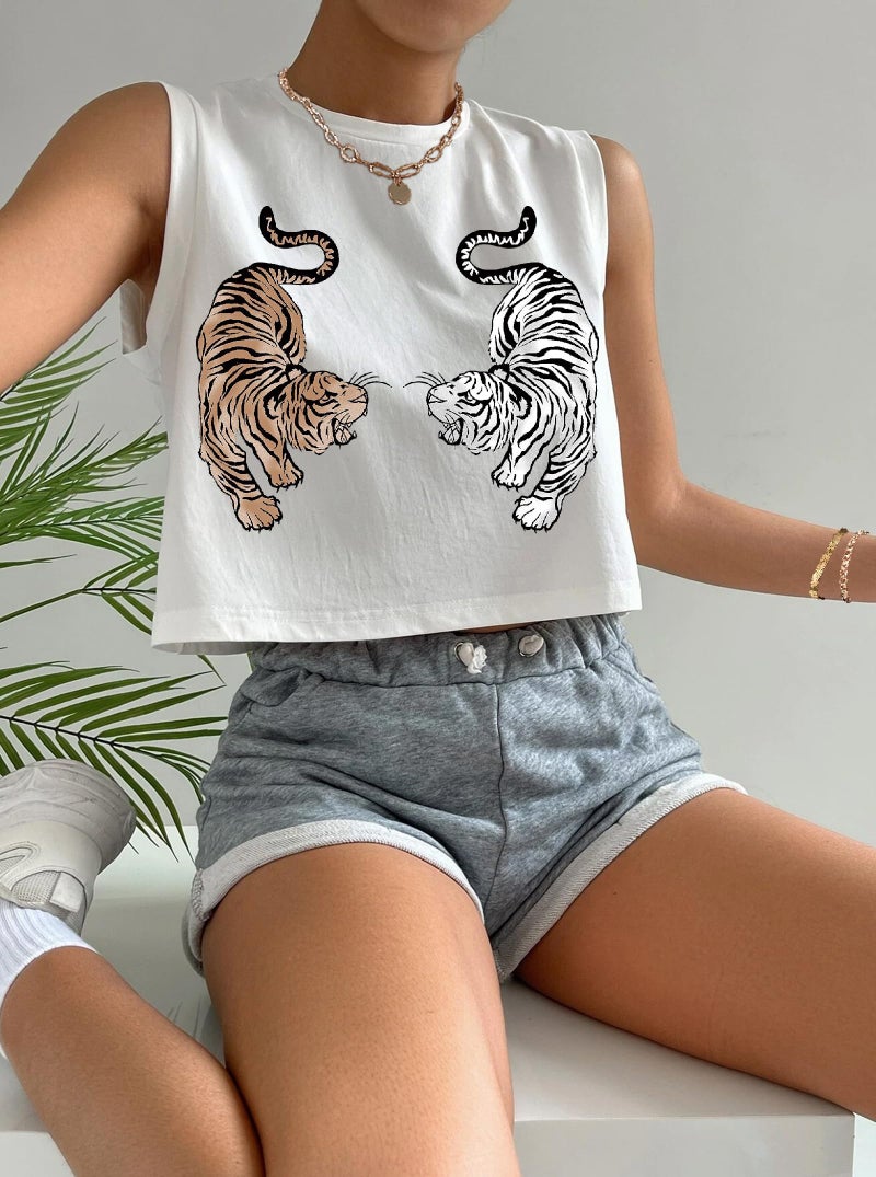 Hilinker Womens Graphic Crop Tank Tops Crew Neck Loose Shirt Casual Sleeveless Tee White Two Tiger Large - Image 3
