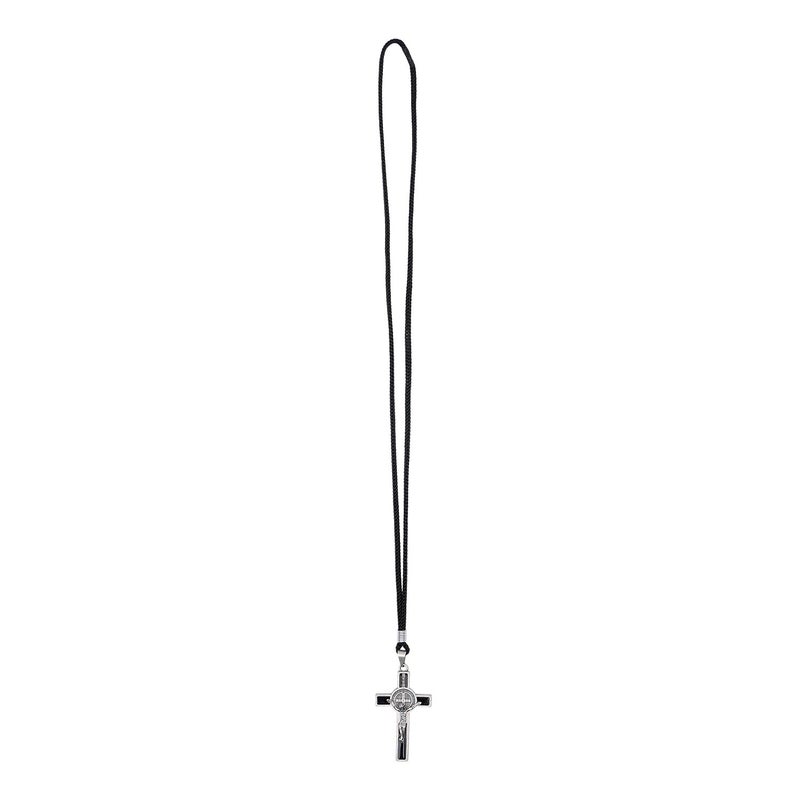 Intercession St Benedict Crucifix on Cord Necklace (Antique Silver - Black 2in) - Image 5