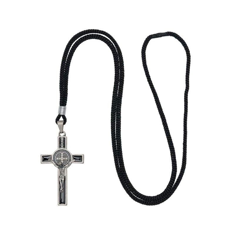 Intercession St Benedict Crucifix on Cord Necklace (Antique Silver - Black 2in) - Image 1