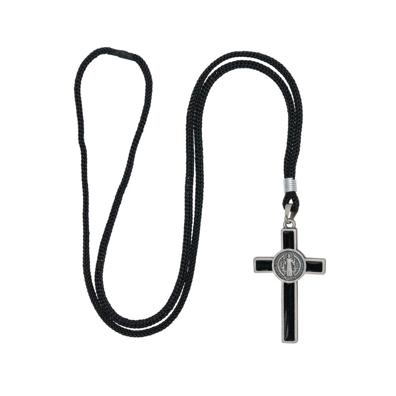 Intercession St Benedict Crucifix on Cord Necklace (Antique Silver - Black 2in) - Image 2