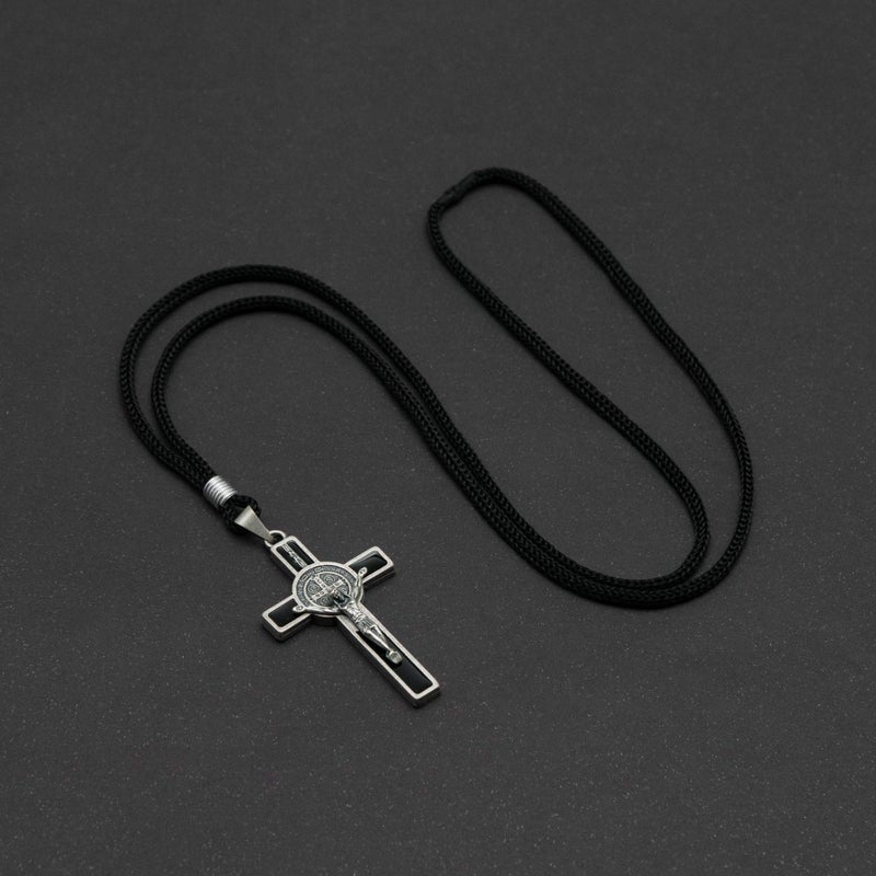 Intercession St Benedict Crucifix on Cord Necklace (Antique Silver - Black 2in) - Image 3