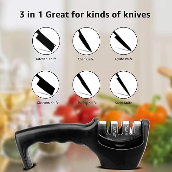 Zenkova 3 Slot Knife Sharpener Professional Kitchen Chef Knife Sharpener with 3 Stage Design Stainless Steel Tungsten Steel - Image 4
