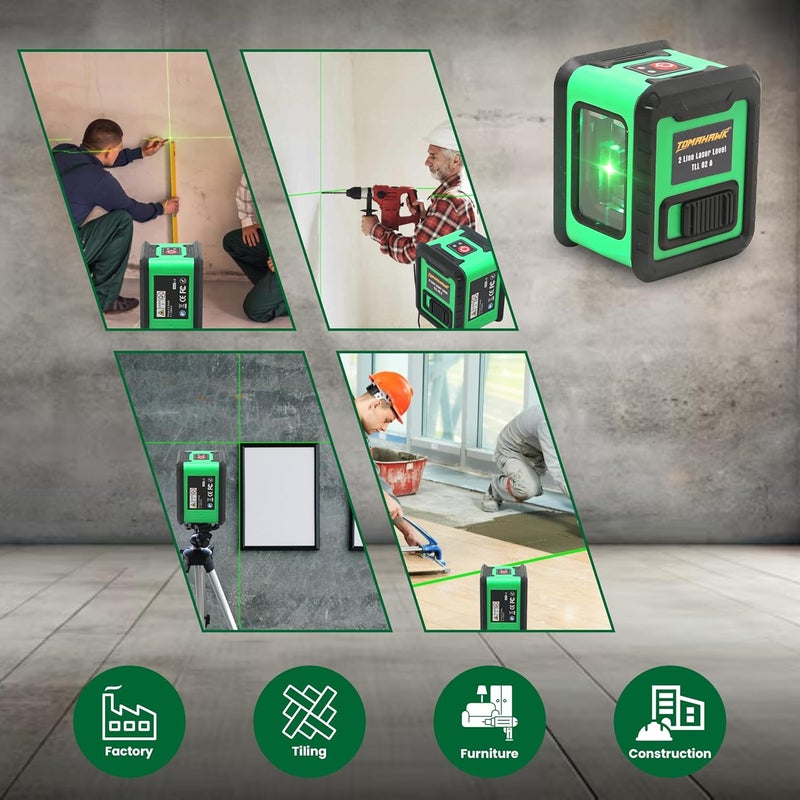 Tomahawk ® TLC-2315-2 مستوى ليزر خطي | مستوى ليزر خطي أخضر مدمج 2 - 98 قدم خط ليزر أخضر ذاتي التسوية للبناء | حامل مغناطيسي غير متضمن - Image 5