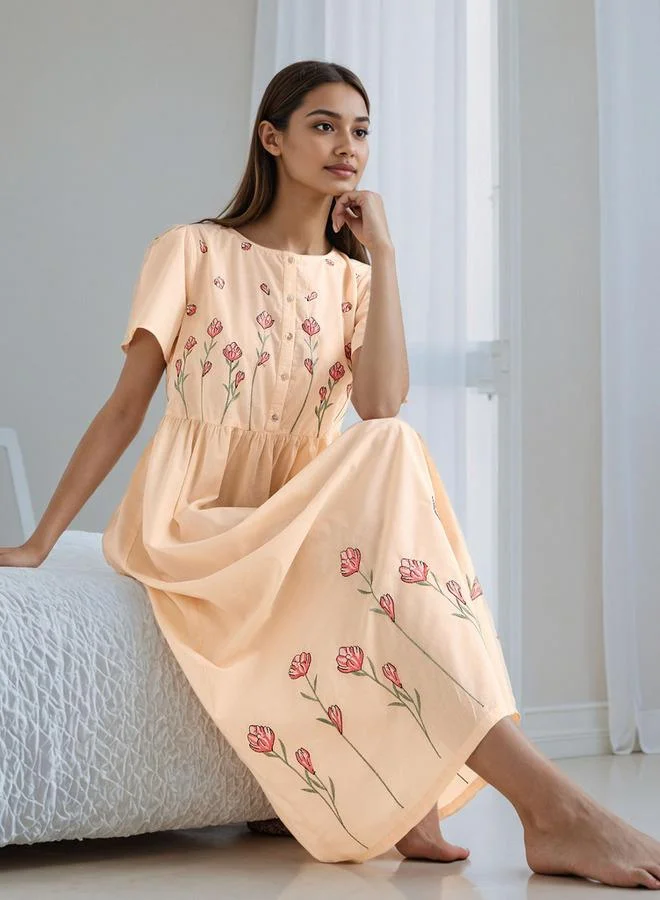 Splash FAV Embroidered Night Gown with Flutter Sleeves