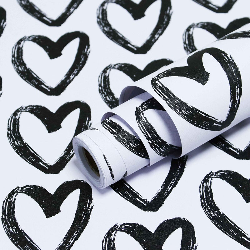 Timeet Modern Heart Peel and Stick Wallpaper Self Adhesive 177x787 Black and White Removable Decorative for Bedroom Living Room Bathroom