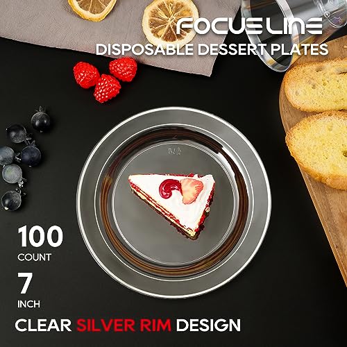 FOCUSLINE 100 Count Clear Silver Plastic Plates 7 Inch, Disposable Heavy Duty Clear Plates with Silver Rim, Premium Hard Plastic Plate Fancy Disposable Salad Dessert Plate for Wedding Parties - Image 2