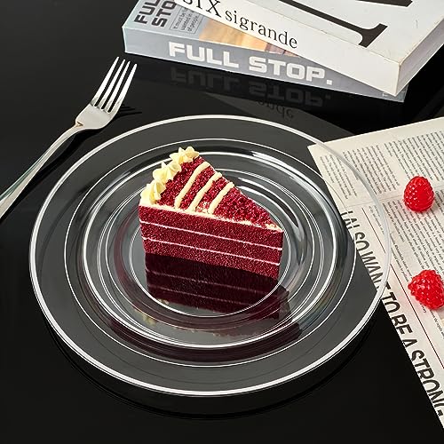 FOCUSLINE 100 Count Clear Silver Plastic Plates 7 Inch, Disposable Heavy Duty Clear Plates with Silver Rim, Premium Hard Plastic Plate Fancy Disposable Salad Dessert Plate for Wedding Parties - Image 5