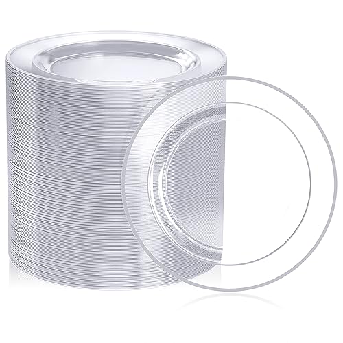 FOCUSLINE 100 Count Clear Silver Plastic Plates 7 Inch, Disposable Heavy Duty Clear Plates with Silver Rim, Premium Hard Plastic Plate Fancy Disposable Salad Dessert Plate for Wedding Parties - Image 1