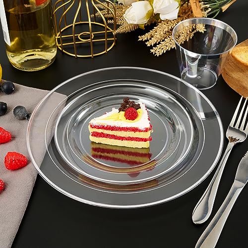 FOCUSLINE 100 Count Clear Silver Plastic Plates 7 Inch, Disposable Heavy Duty Clear Plates with Silver Rim, Premium Hard Plastic Plate Fancy Disposable Salad Dessert Plate for Wedding Parties - Image 3