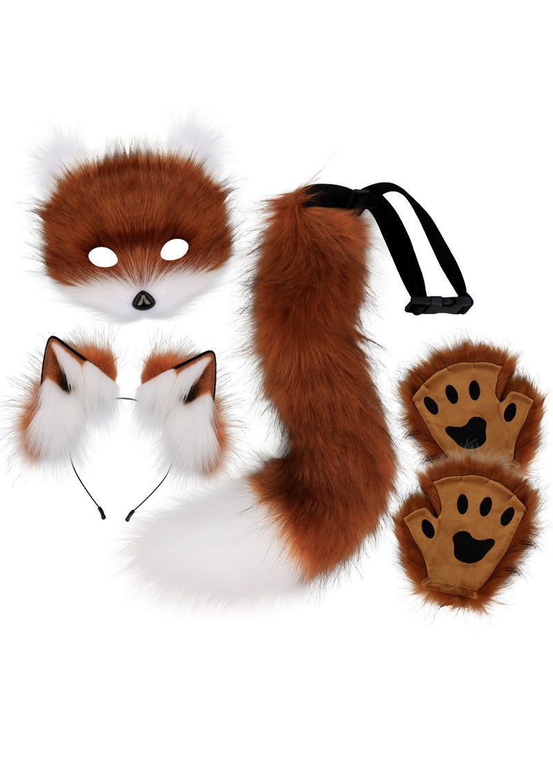 Generic Plush Fox Mask Set with Realistic Paws and Tail for Halloween Cosplay Red brown white 
