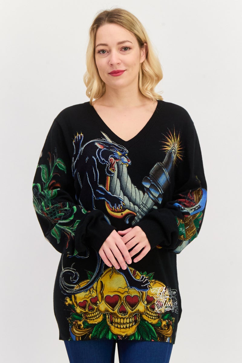 CHRISTIAN AUDIGIER Women V-Neck Graphic Print Sweater, Black Combo - Image 1