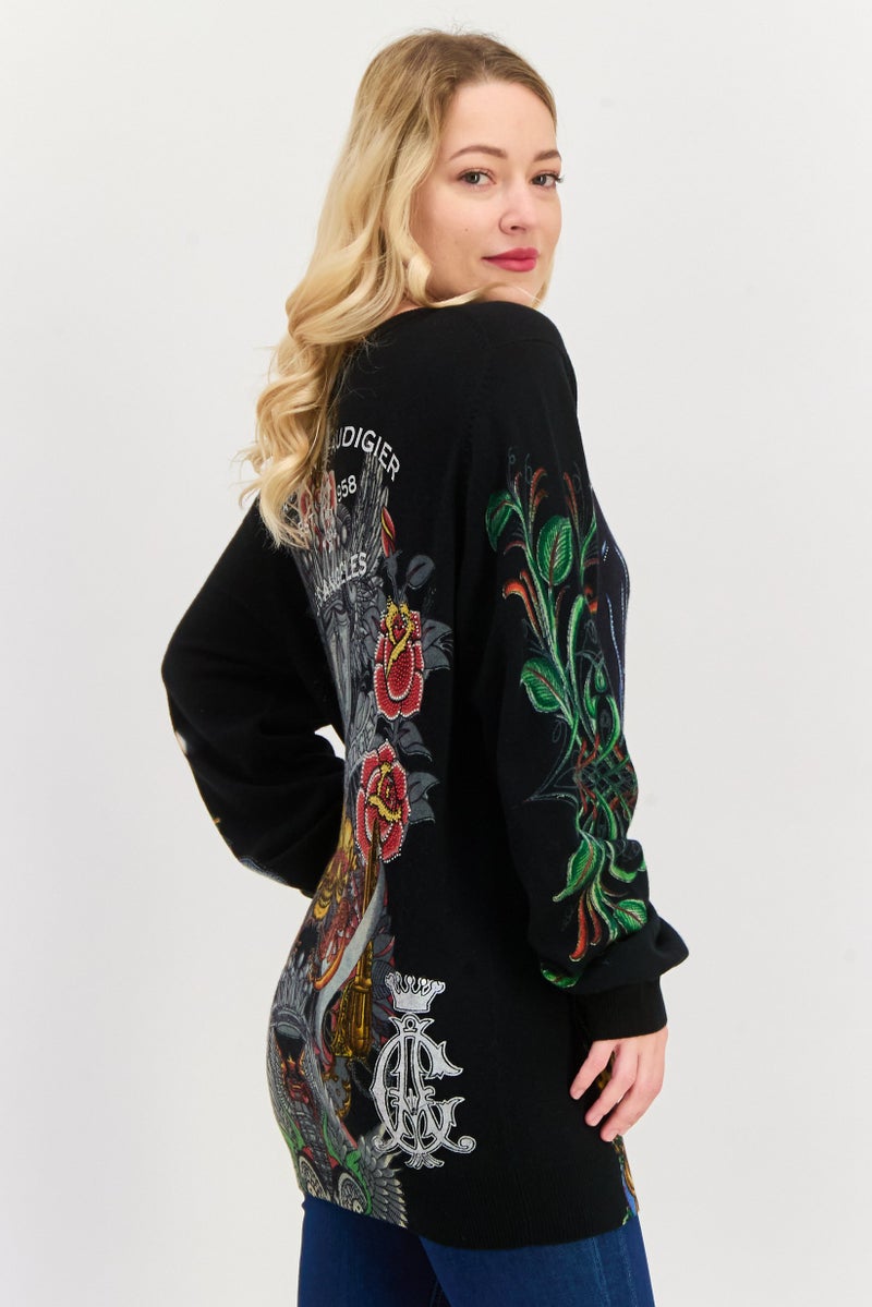 CHRISTIAN AUDIGIER Women V-Neck Graphic Print Sweater, Black Combo - Image 2