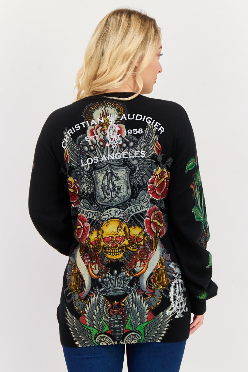 CHRISTIAN AUDIGIER Women V-Neck Graphic Print Sweater, Black Combo - Image 3