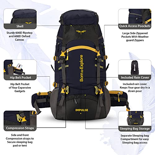 Impulse rucksack 60 litres travel bag for men tourist backpack for hiking, trekking, camping thames blue with 1 Year Warranty - Image 2