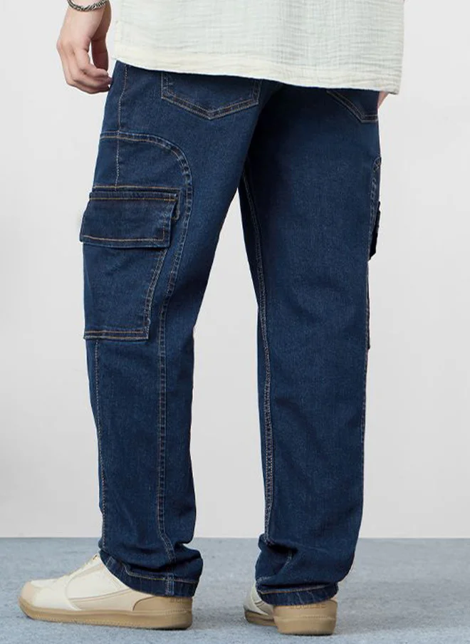 The Souled Store  The Souled Store Men Straight Fit Solid Blue Cargo Jeans  | Best Price UAE