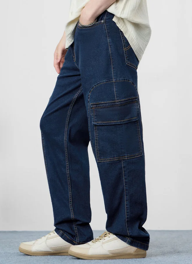 ذا سوليد ستور The Souled Store Men Straight Fit Solid Blue Cargo Jeans