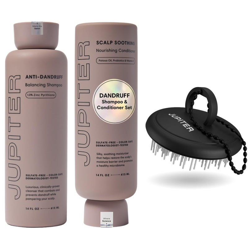 Jupiter Anti Dandruff Shampoo, Conditioner, & Scalp Scrubber for Flaky, Itchy & Dry Scalp - Hydrates & Reduces Flakes - Scalp Treatment & Hair Care Set - Color-Safe, Sulfate-Free, Paraben-Free - Image 1