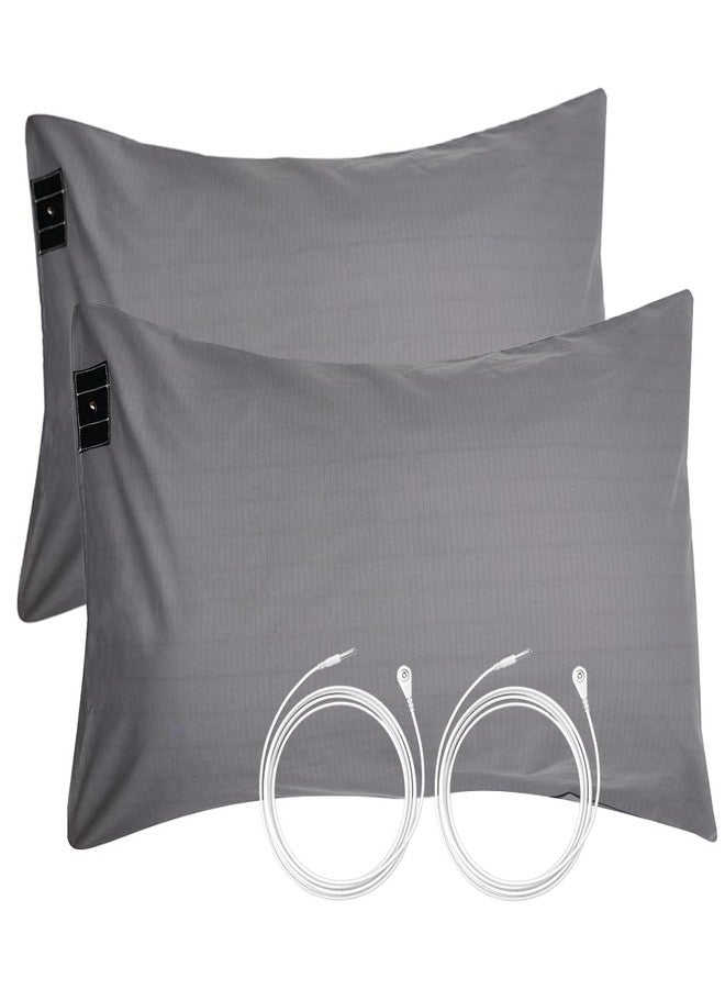 GRUENERDE 2pcs Grounding Pillowcases Queen Conductive 10% Silver Fiber Grounding Pillow Cover with 15ft Cord Organic Cotton Improve Sleep Gray 20x30in - Image 1