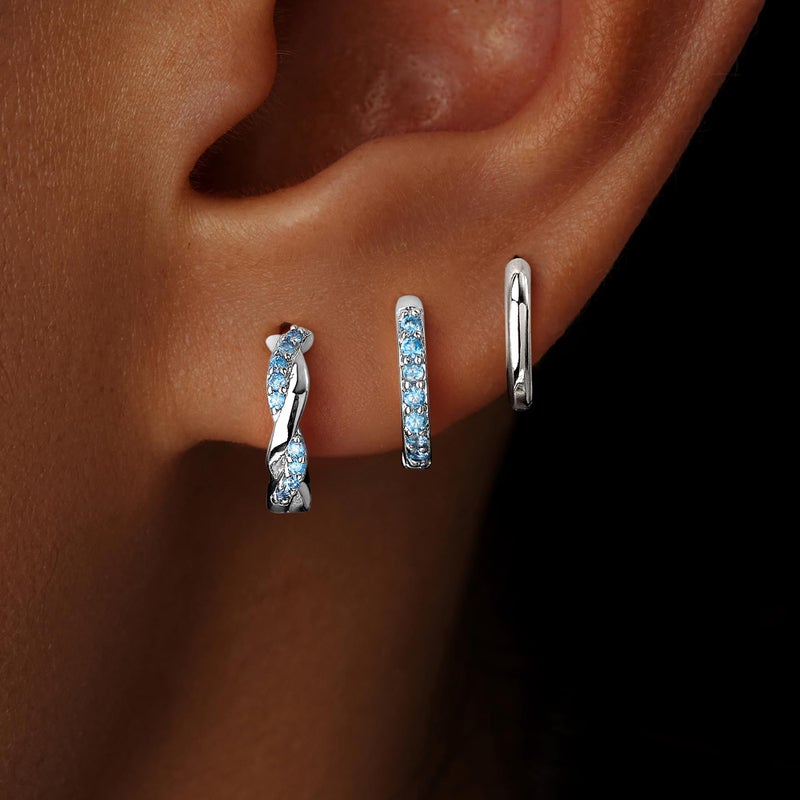 Inerney Sterling Silver Aquamarine Huggie Hoop Earrings Set for Women, Dainty Small Light Blue Earring Hypoallergenic Jewelry for Multiple Piercings, Trendy Twisted Cute Hoops March Birthstone Gift - Image 2