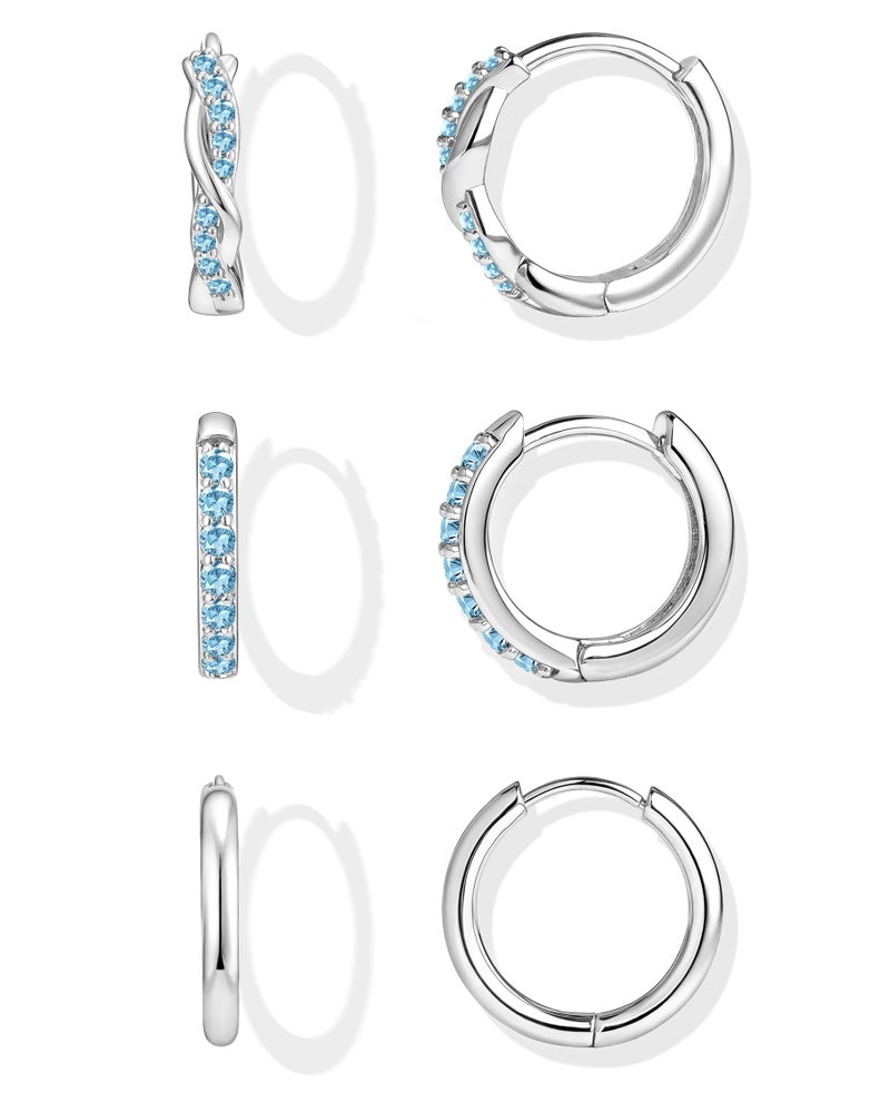 Inerney Sterling Silver Aquamarine Huggie Hoop Earrings Set for Women, Dainty Small Light Blue Earring Hypoallergenic Jewelry for Multiple Piercings, Trendy Twisted Cute Hoops March Birthstone Gift - Image 1
