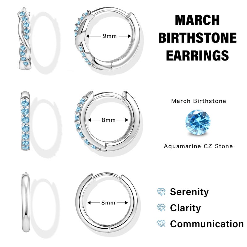 Inerney Sterling Silver Aquamarine Huggie Hoop Earrings Set for Women, Dainty Small Light Blue Earring Hypoallergenic Jewelry for Multiple Piercings, Trendy Twisted Cute Hoops March Birthstone Gift - Image 3