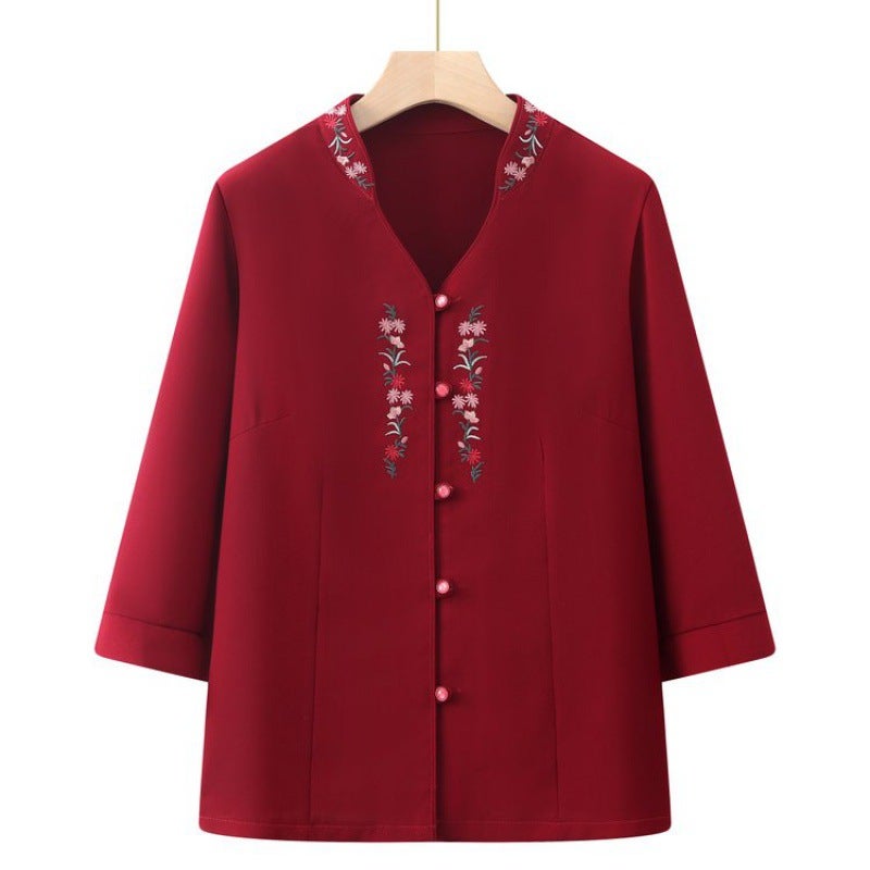 Summer Clothes for the Elderly Womens New Style Shirt Grandmas Shirt Seven-Sleeve Summer Clothes T-Shirt for Old Ladys Mothers Top Red 