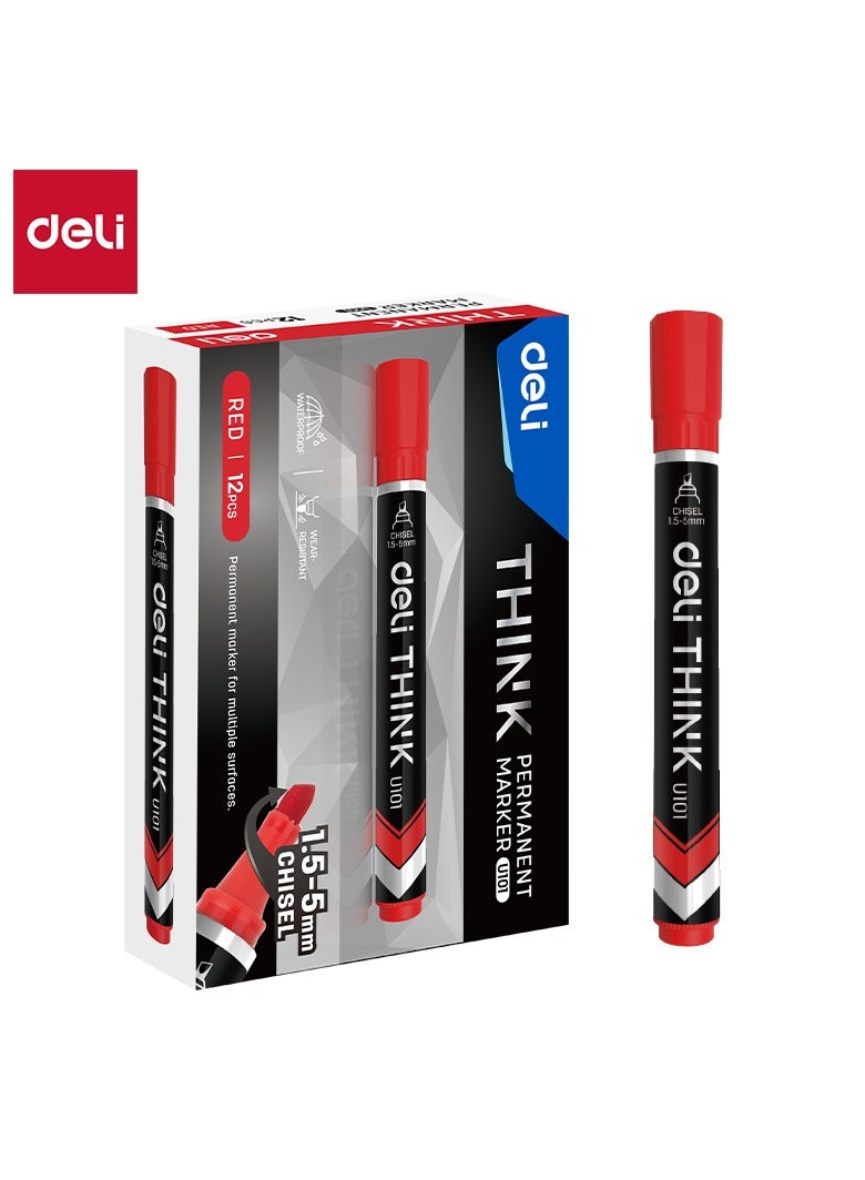 Deli EU10140 Permanent Marker Chisel Tip 1.5鈥?mm Red 12PCS/Box 鈥?Ideal for Office and Industrial Use