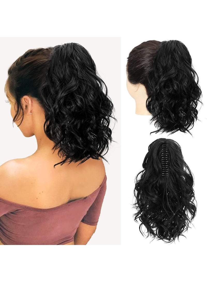 وصلة شعر صناعية للنساء بتسريحة ذيل الحصان، وصلة شعر قصيرة وسميكة ومموجة، شعر صناعي بمظهر ناعم وطبيعي، بطول 30.48 سم (لون أسود) - Image 1