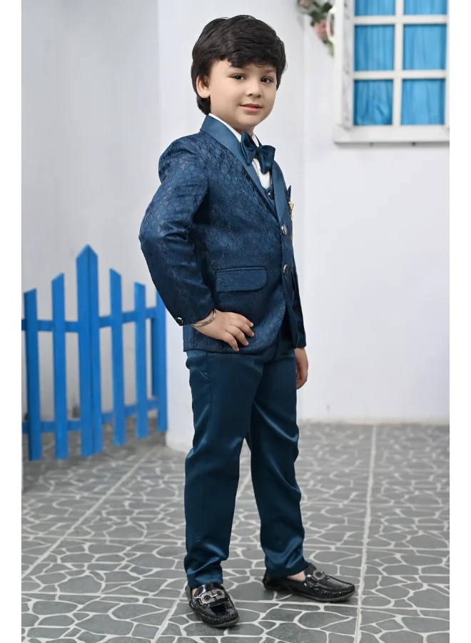 BT DEZINES Boys Blue Satin 5-Piece Suit Set