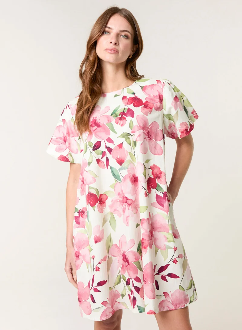 Blue Vanilla Cotton Poplin Water Colour Print Swing Dress