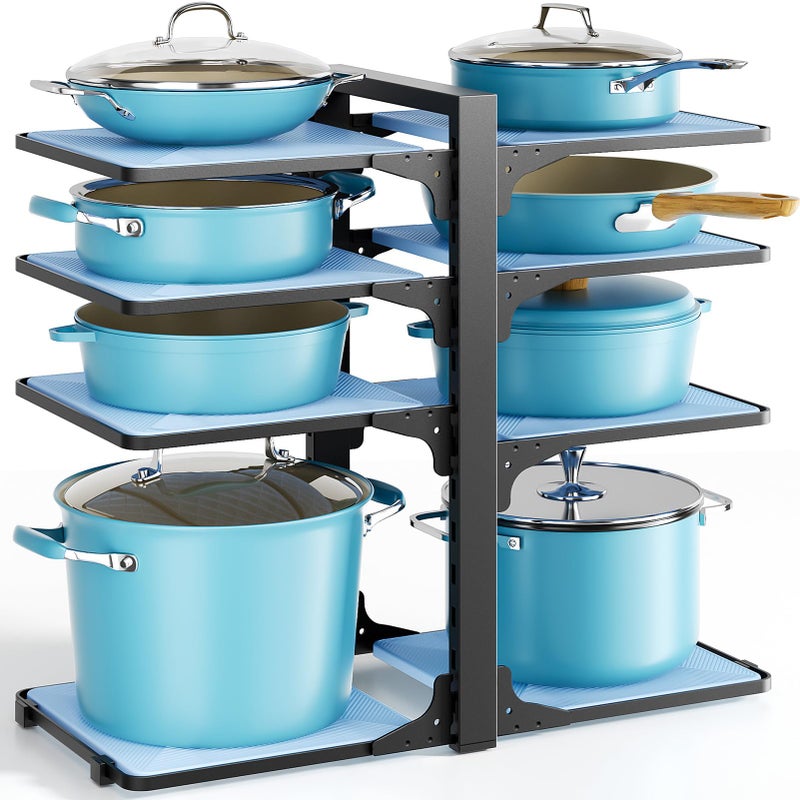 LAMU Pots and Pans Organizer under Cabinet, 8-Tier Heavy Duty Pan Organizers inside Cabinet, Adjustable Pot Rack for Small Kitchen Storage, 15" Height Holds Cast Iron Pans and Skillets Black - Image 1