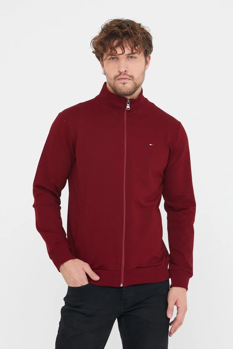 mmetalic Men's Burgundy Long Sleeve Front Zipper Cardigan